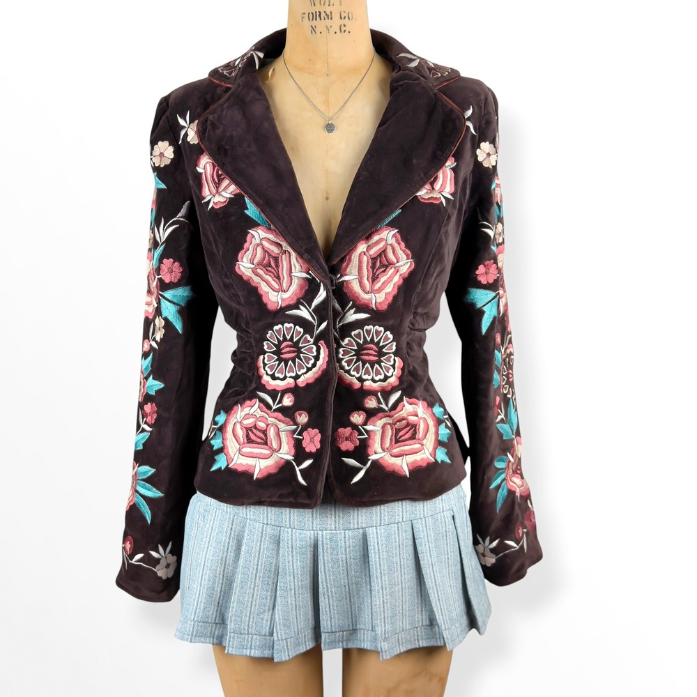Vtg Cache Floral Embroidered Brown Velvet Fitted Blazer Jacket Sz 4 Y2K Western - Picture 6 of 12